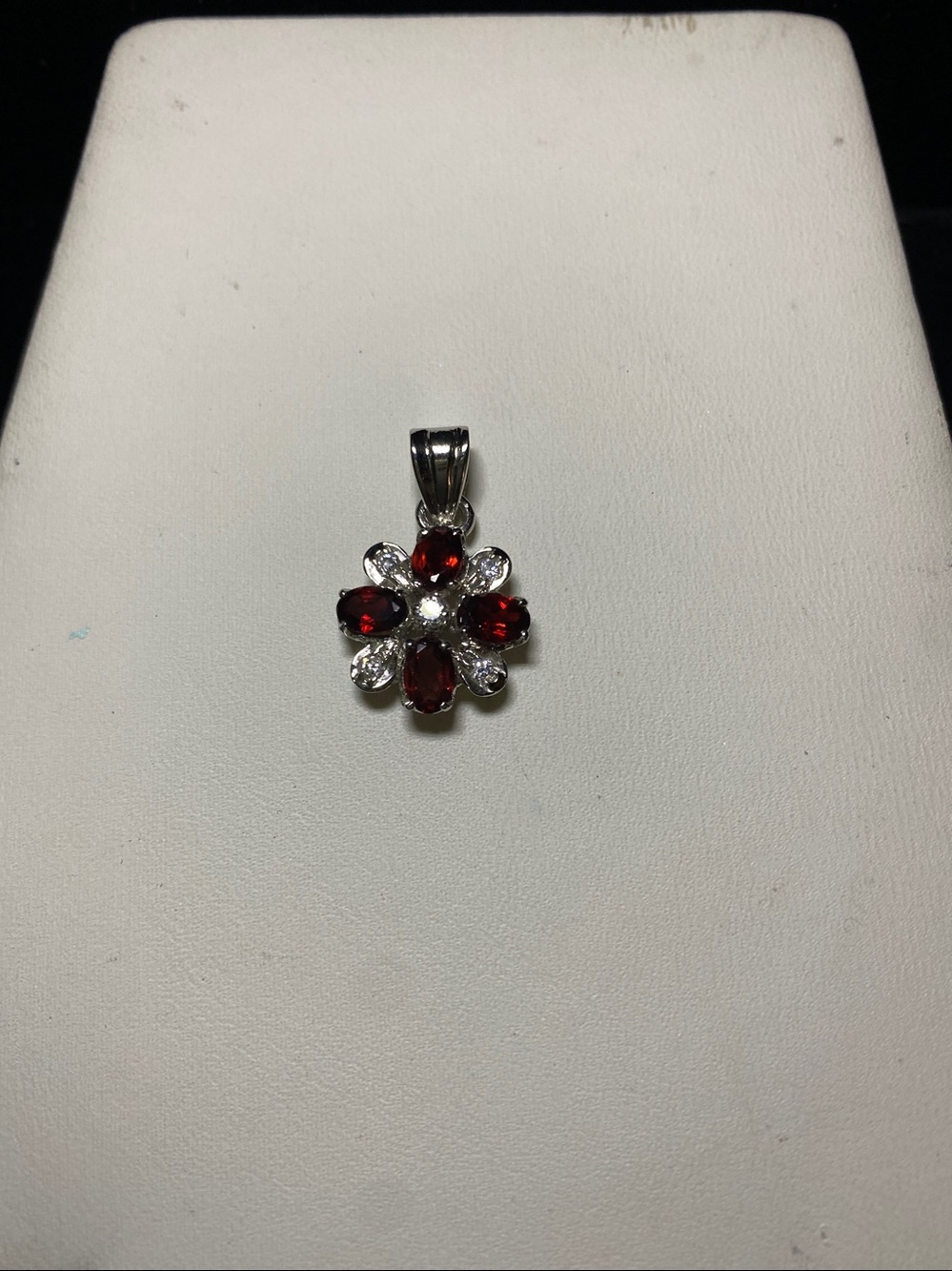 .925 Genuine Garnet Floral 4 Stone Petals with 5 Clear Jan Birthstone pendant